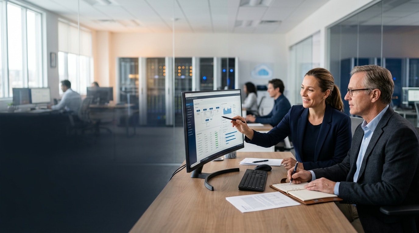 Audit and technology professionals reviewing a secure workflow