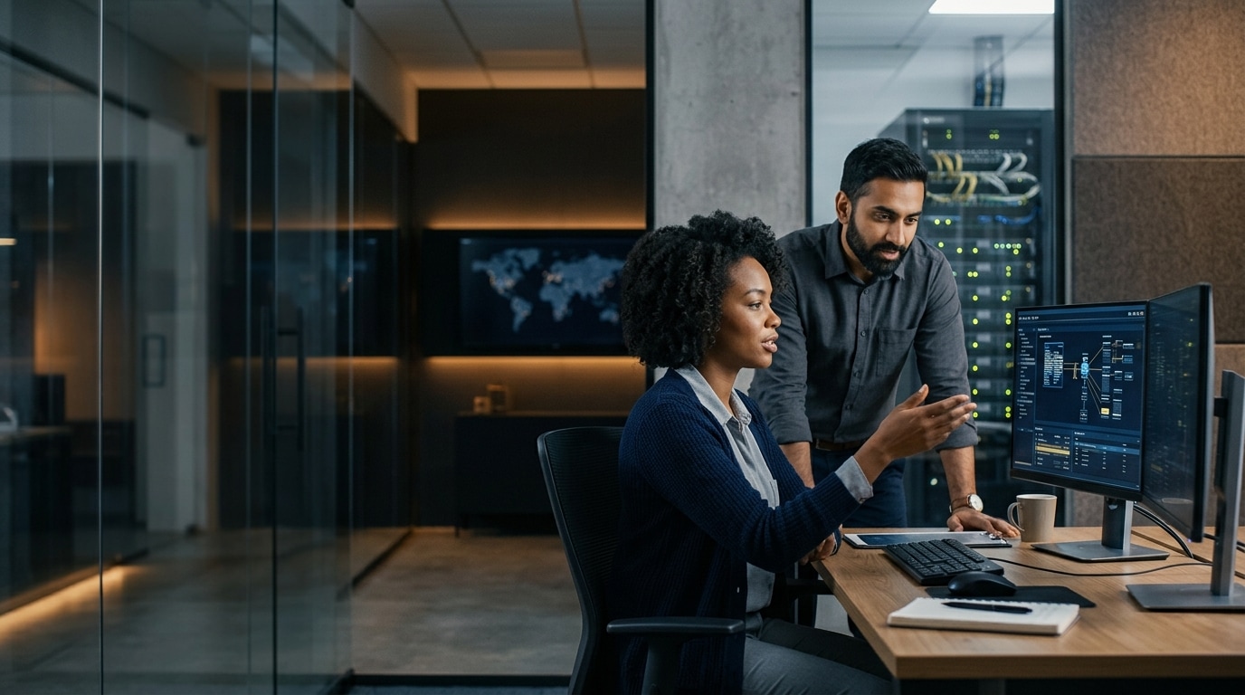 Technology professionals collaborating in a secure operations workspace