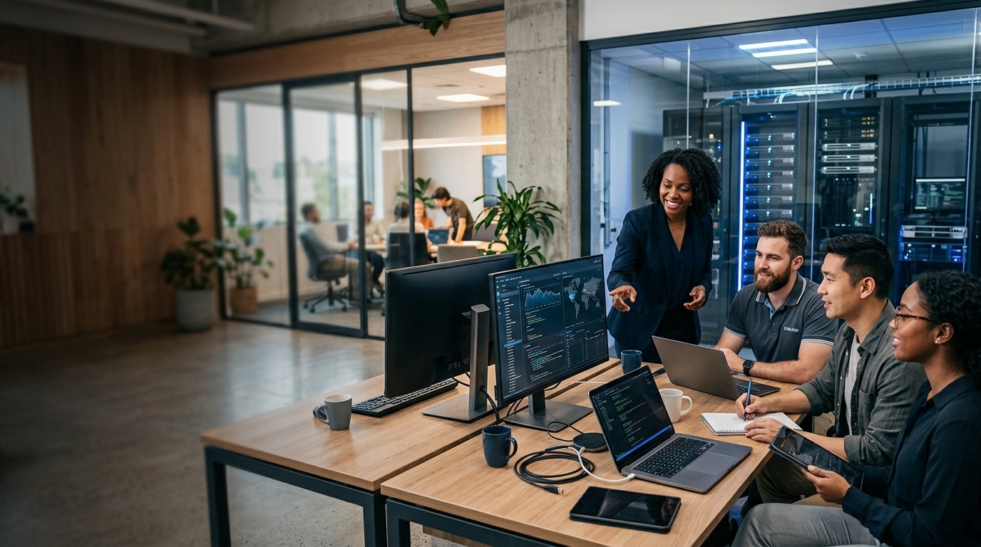 Technology professionals collaborating in a secure operations workspace