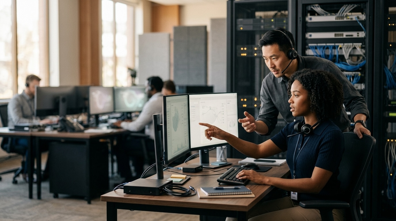 IT support professionals solving an infrastructure issue together