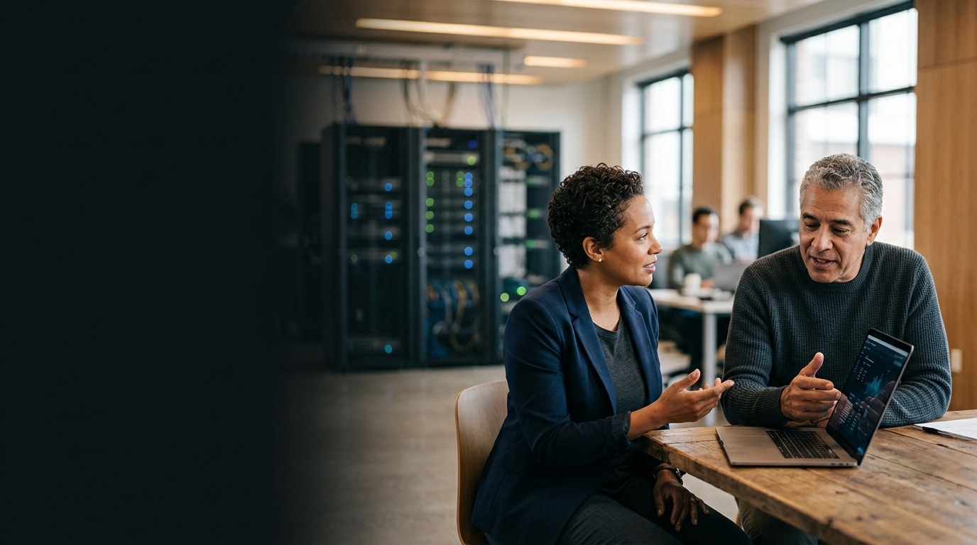 Technology leader and candidate discussing a role in a modern workspace