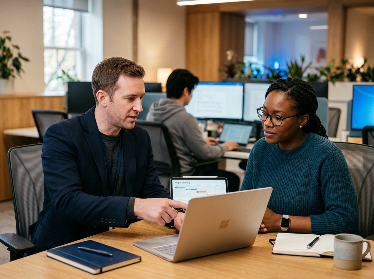 Technology professionals coordinating a supported project handoff
