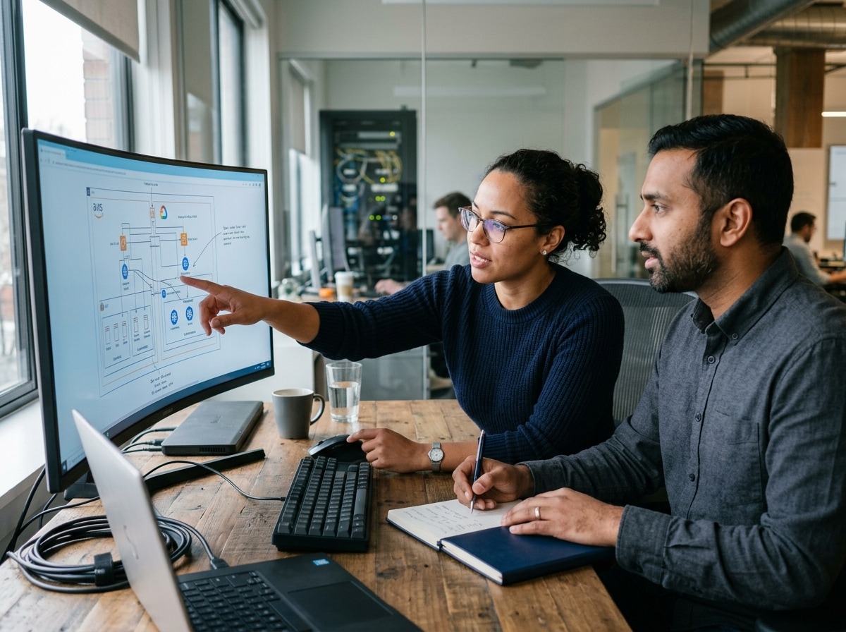 IT professionals collaborating on a network architecture plan